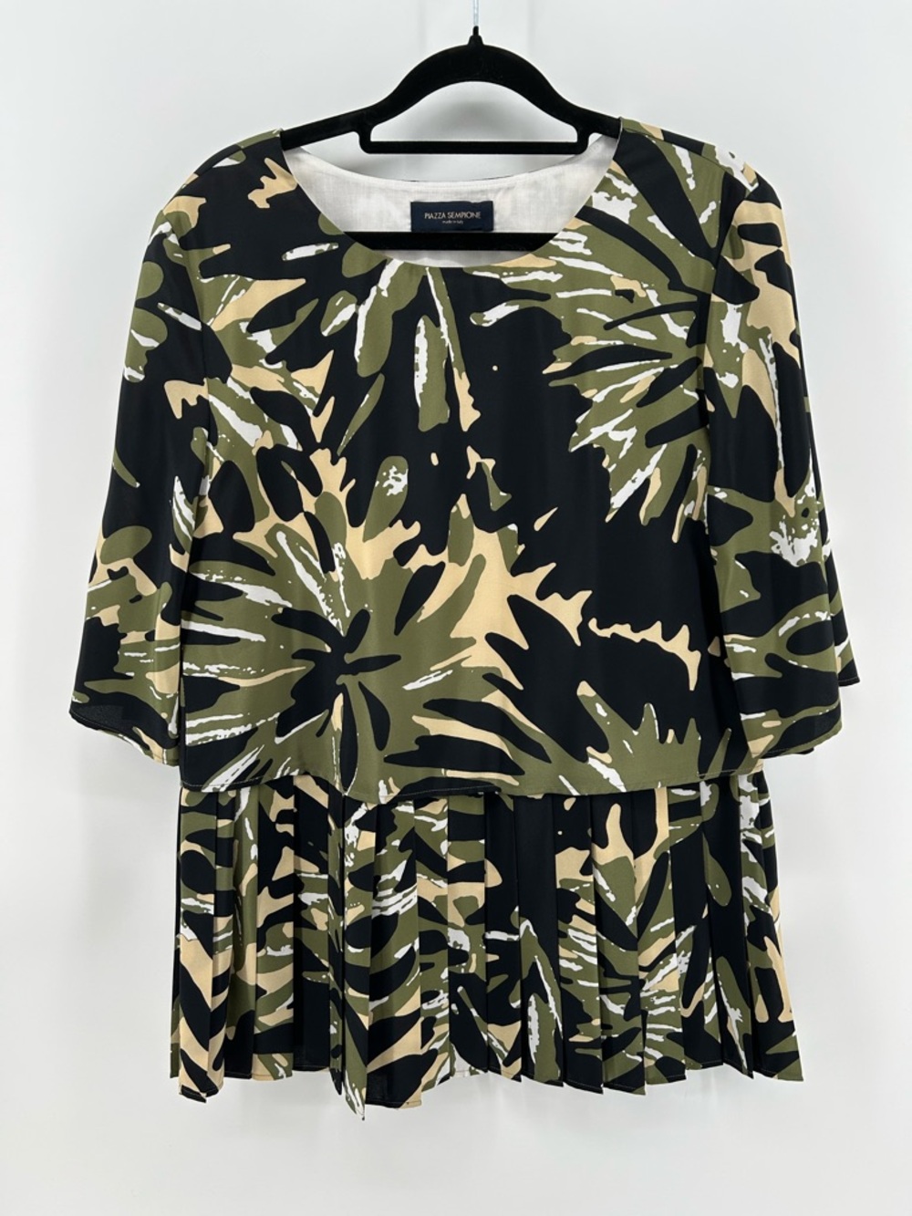 Piazza Sempione Olive Black pleated leaf fronds blouse
